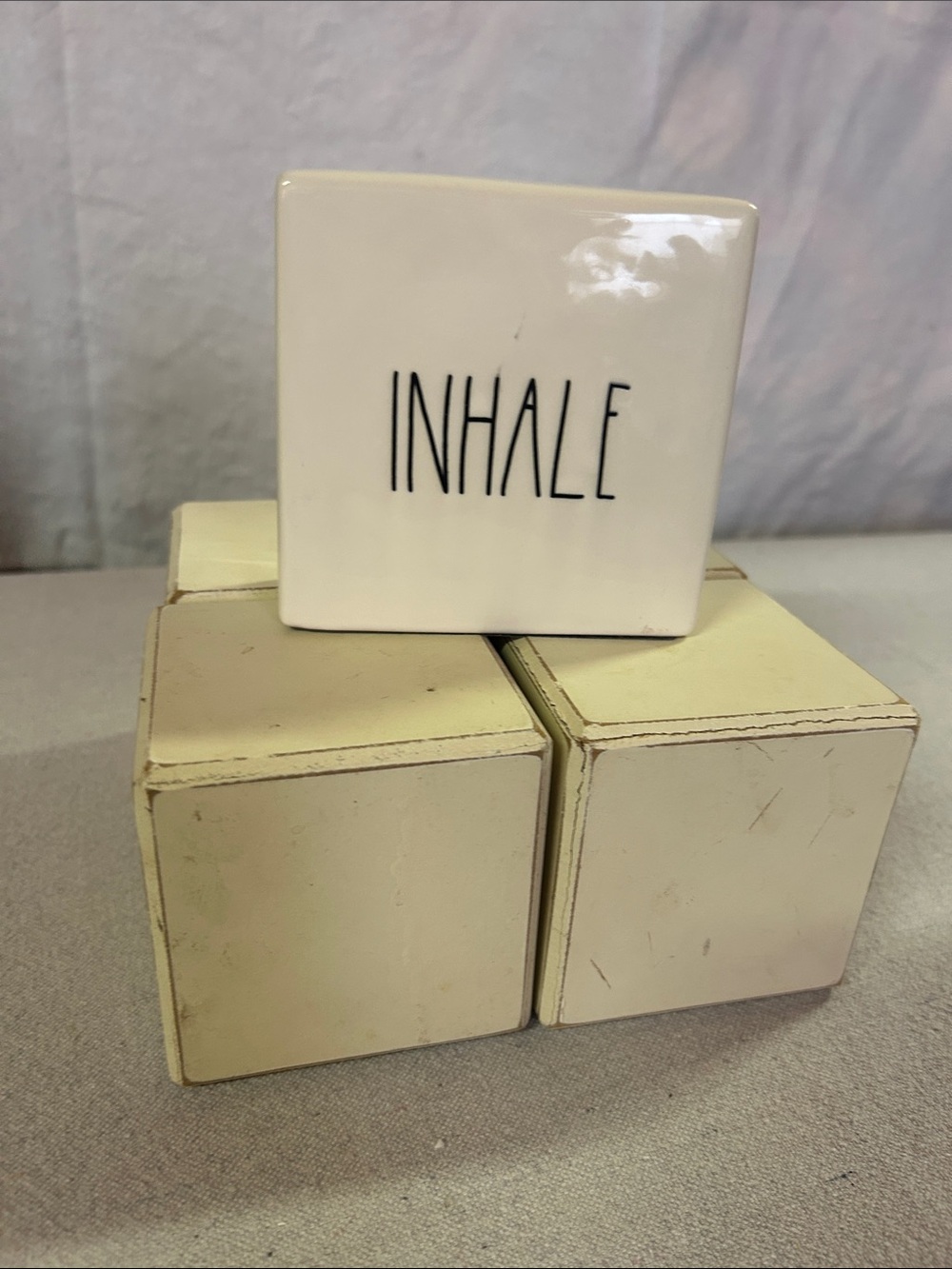 Rae Dunn White Ceramic "INHALE" Cube Accent
